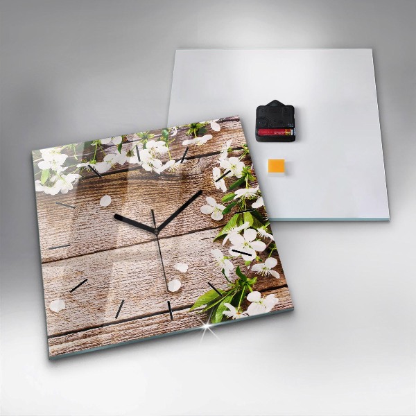 Square glass wall clock Flowers on wood
