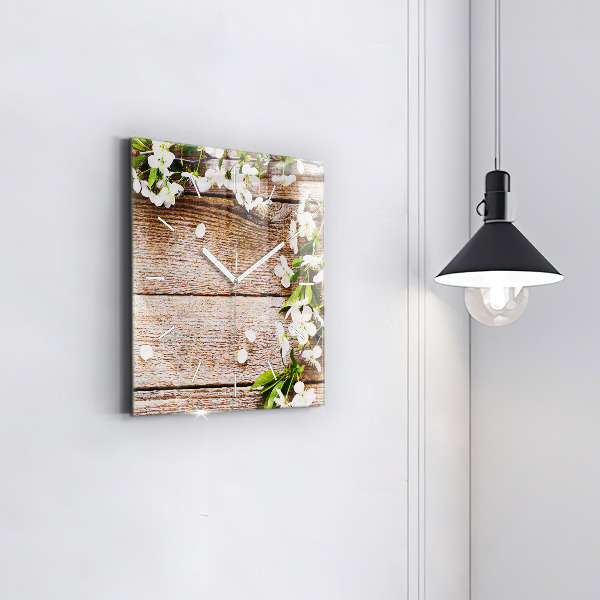 Square glass wall clock Flowers on wood