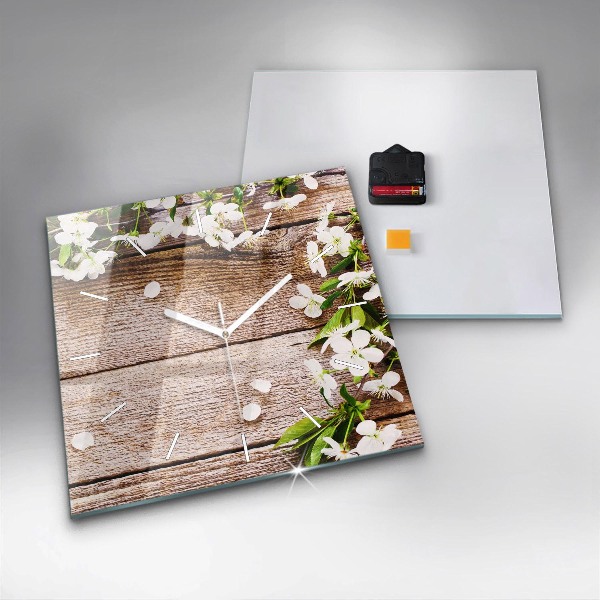 Square glass wall clock Flowers on wood