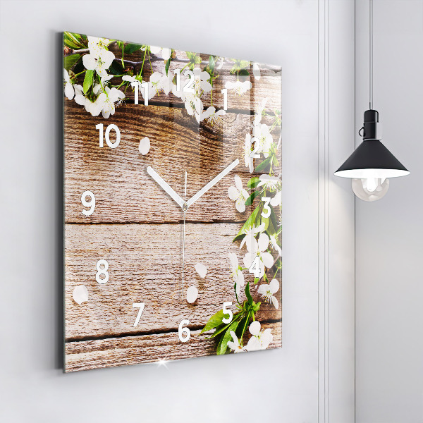 Square glass wall clock Flowers on wood