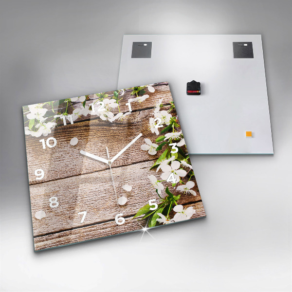 Square glass wall clock Flowers on wood