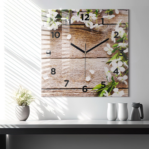 Square glass wall clock Flowers on wood