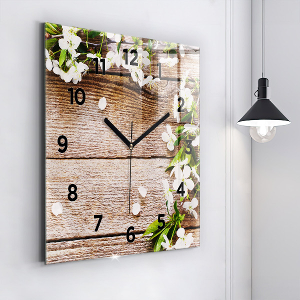Square glass wall clock Flowers on wood