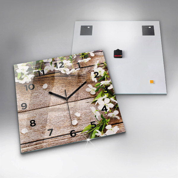 Square glass wall clock Flowers on wood