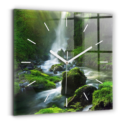 Square glass wall clock Waterfall and rocks