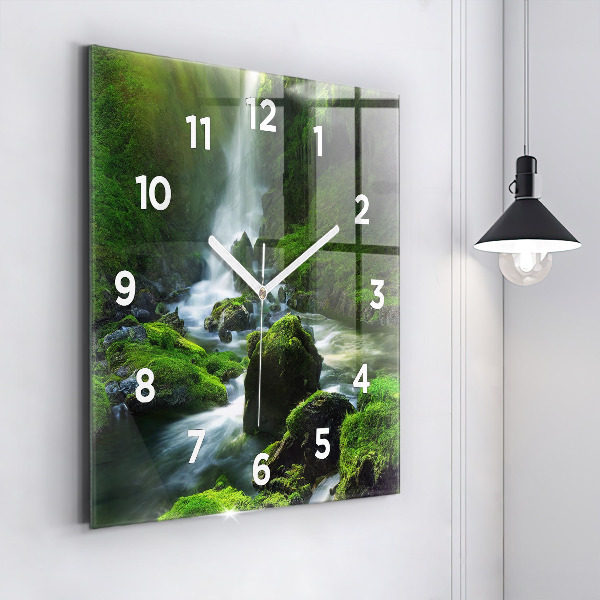Square glass wall clock Waterfall and rocks