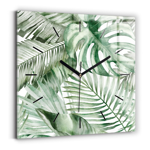 Square glass wall clock Painted plant leaves