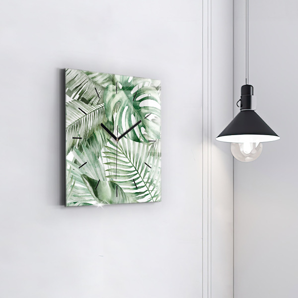 Square glass wall clock Painted plant leaves