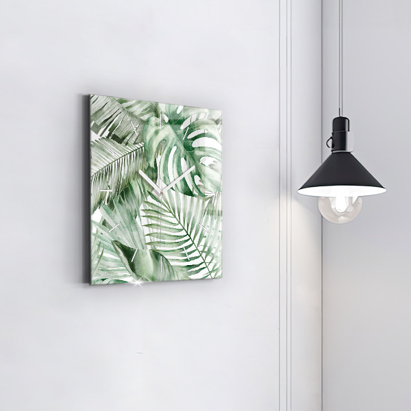 Square glass wall clock Painted plant leaves