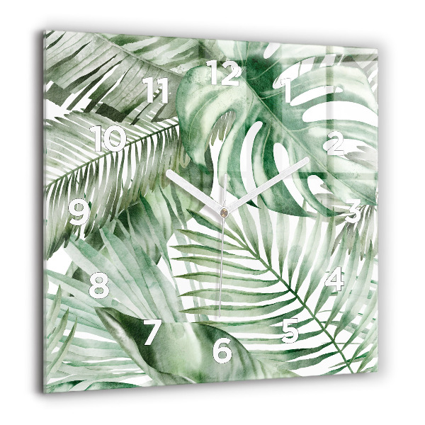 Square glass wall clock Painted plant leaves