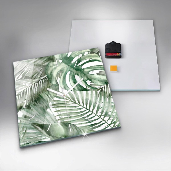 Square glass wall clock Painted plant leaves