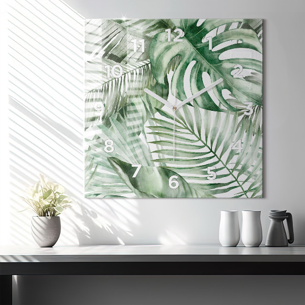 Square glass wall clock Painted plant leaves
