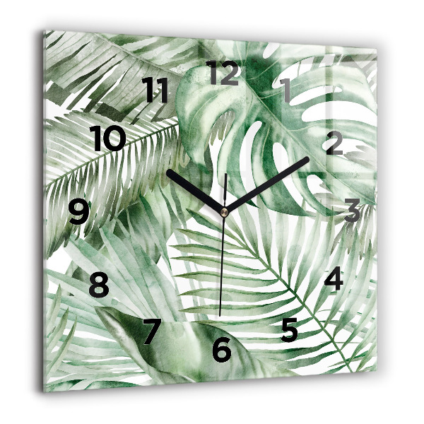 Square glass wall clock Painted plant leaves