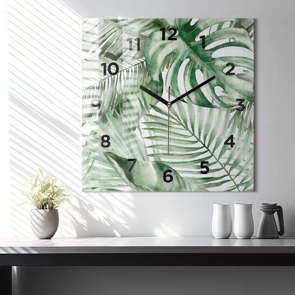 Square glass wall clock Painted plant leaves