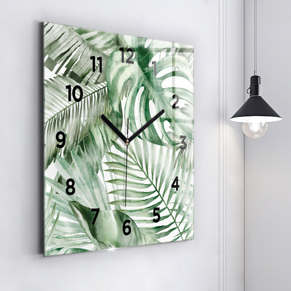 Square glass wall clock Painted plant leaves