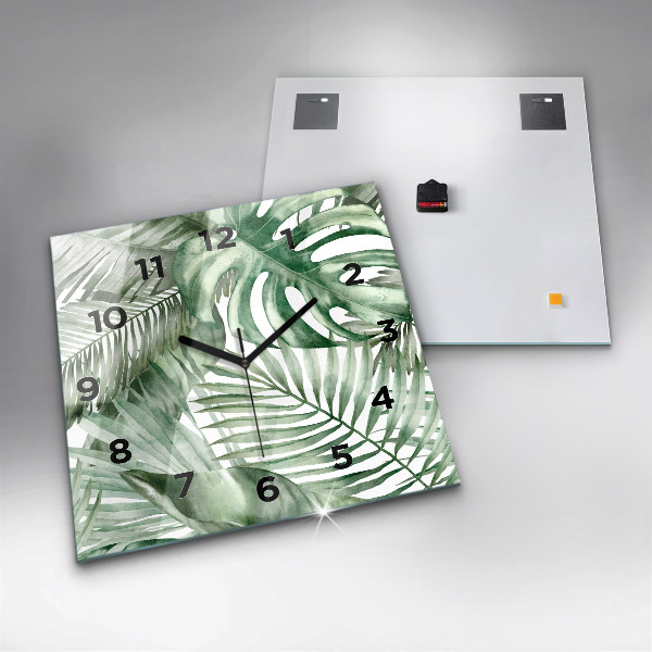 Square glass wall clock Painted plant leaves
