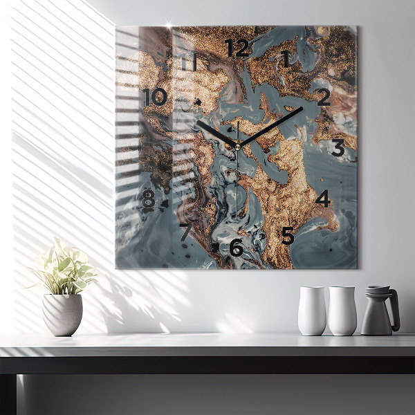 Square glass wall clock Marble gold abstract