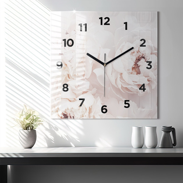 Square glass wall clock Peony flowers