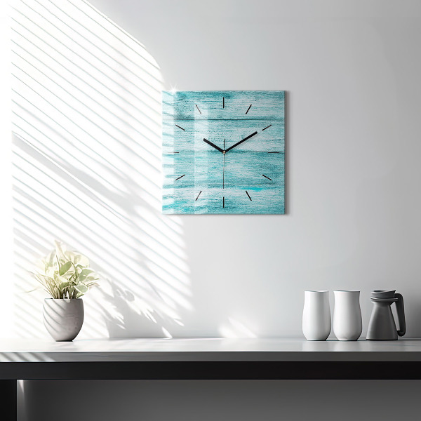 Square glass wall clock Blue old wood