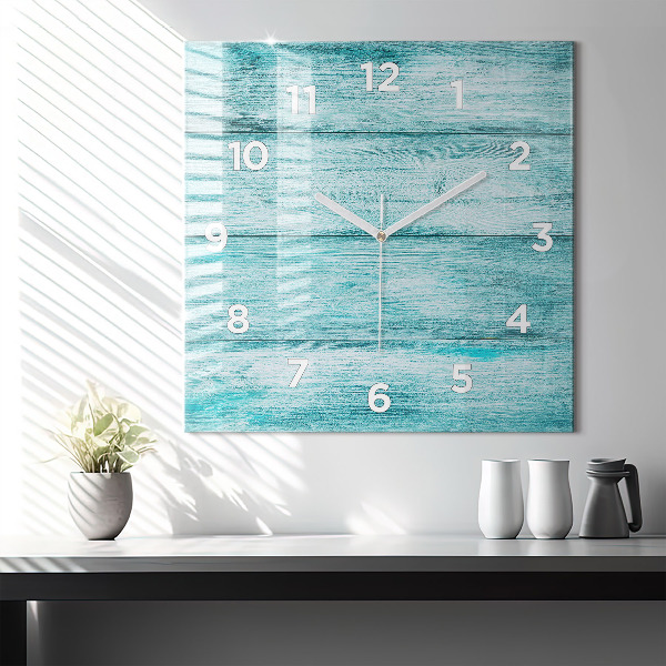 Square glass wall clock Blue old wood