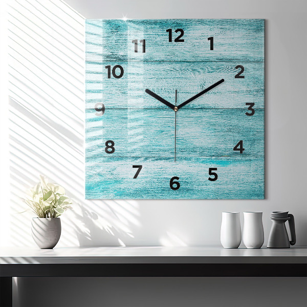 Square glass wall clock Blue old wood