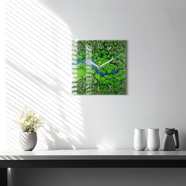 Square glass wall clock River in the forest