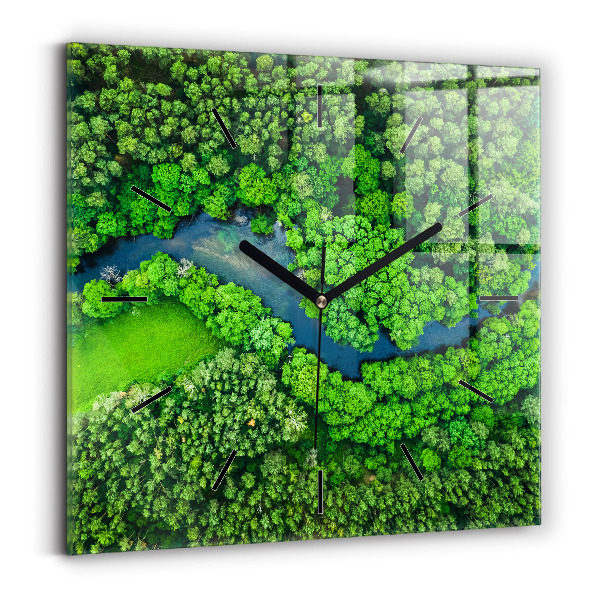 Square glass wall clock River in the forest