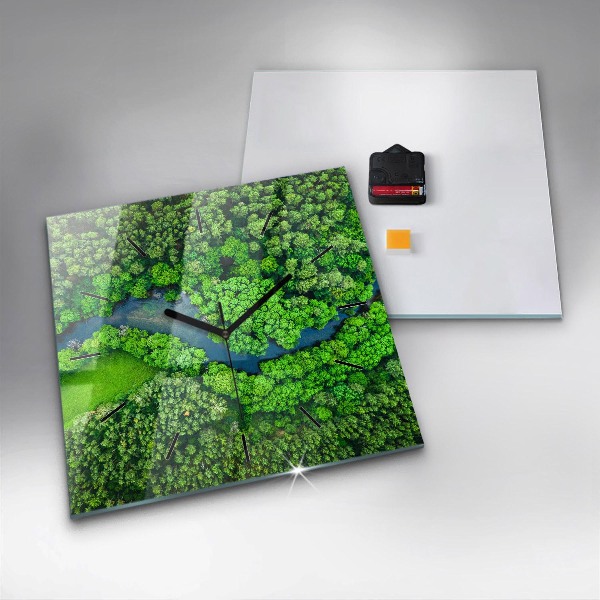 Square glass wall clock River in the forest