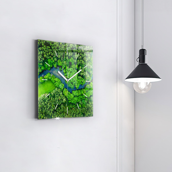 Square glass wall clock River in the forest