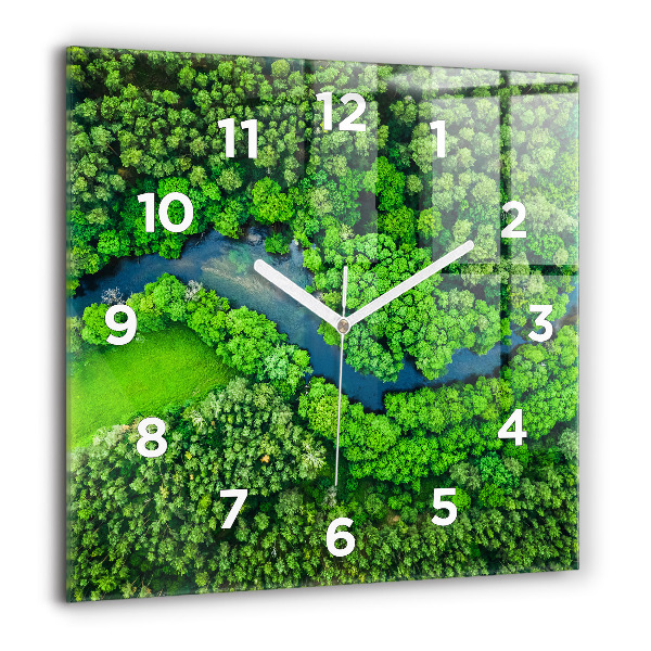Square glass wall clock River in the forest