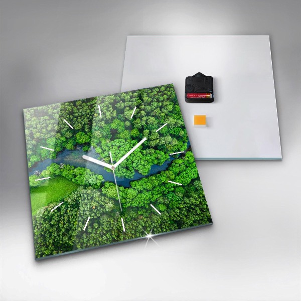 Square glass wall clock River in the forest