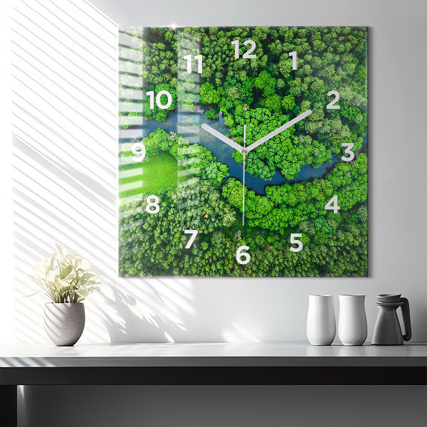 Square glass wall clock River in the forest