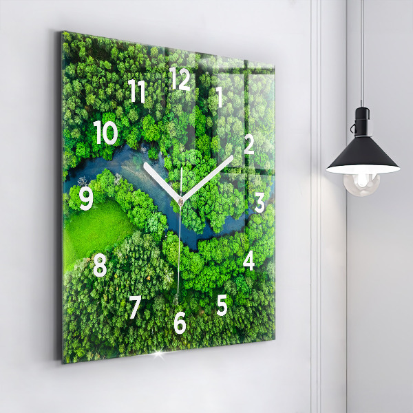 Square glass wall clock River in the forest