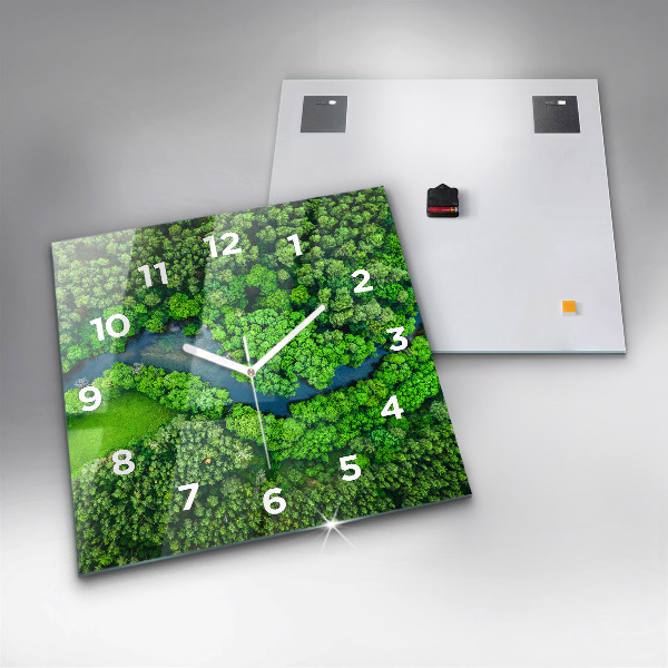 Square glass wall clock River in the forest