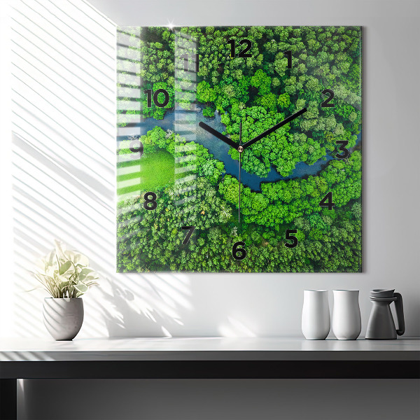 Square glass wall clock River in the forest
