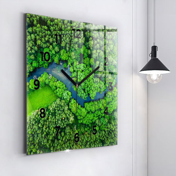 Square glass wall clock River in the forest