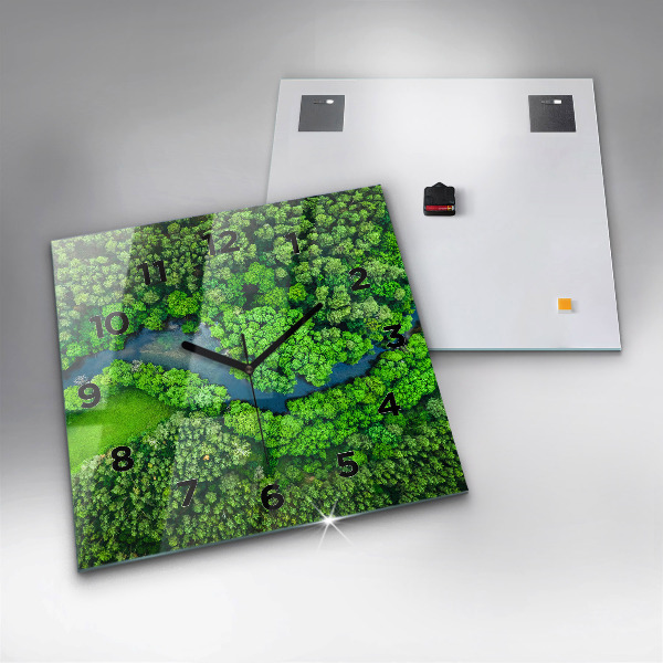 Square glass wall clock River in the forest