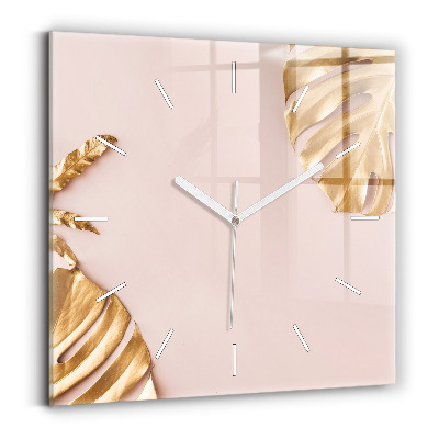 Square glass wall clock Golden tropical leaves