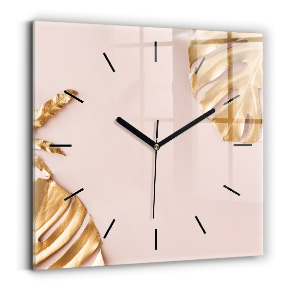 Square glass wall clock Golden tropical leaves