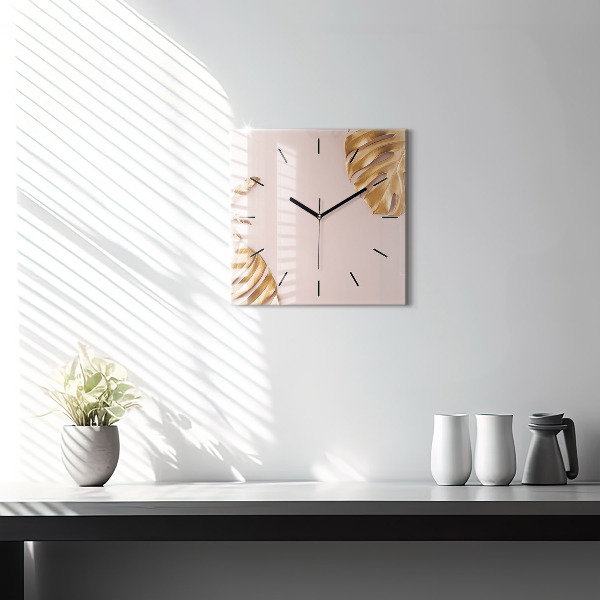 Square glass wall clock Golden tropical leaves