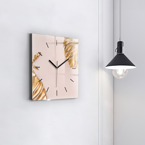 Square glass wall clock Golden tropical leaves