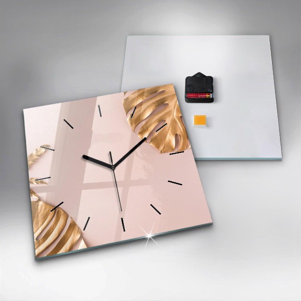 Square glass wall clock Golden tropical leaves