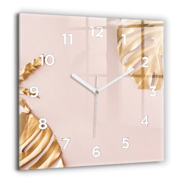 Square glass wall clock Golden tropical leaves