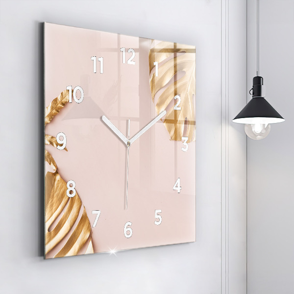 Square glass wall clock Golden tropical leaves
