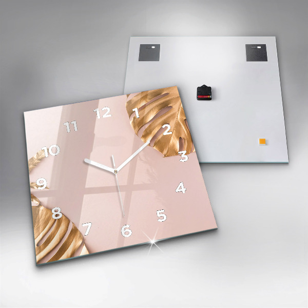 Square glass wall clock Golden tropical leaves