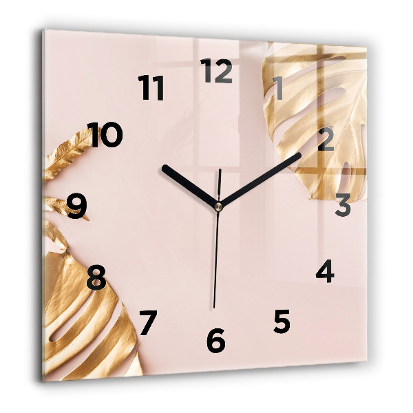 Square glass wall clock Golden tropical leaves