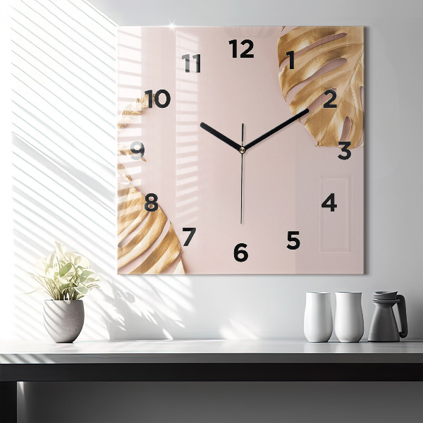 Square glass wall clock Golden tropical leaves