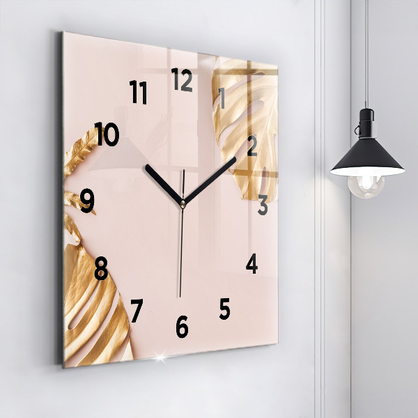 Square glass wall clock Golden tropical leaves