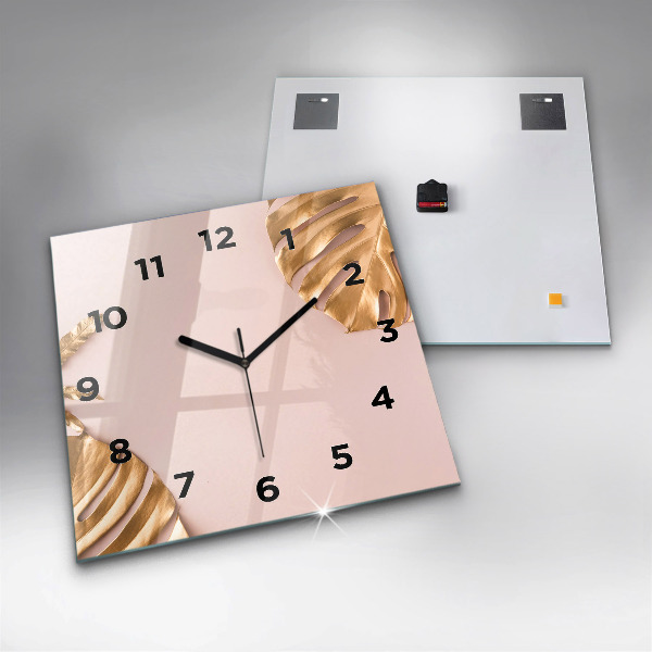 Square glass wall clock Golden tropical leaves