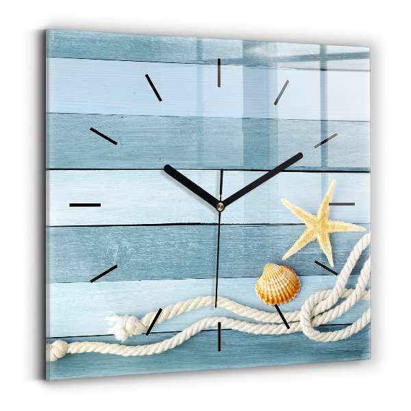 Square glass wall clock Boards stripes and shell